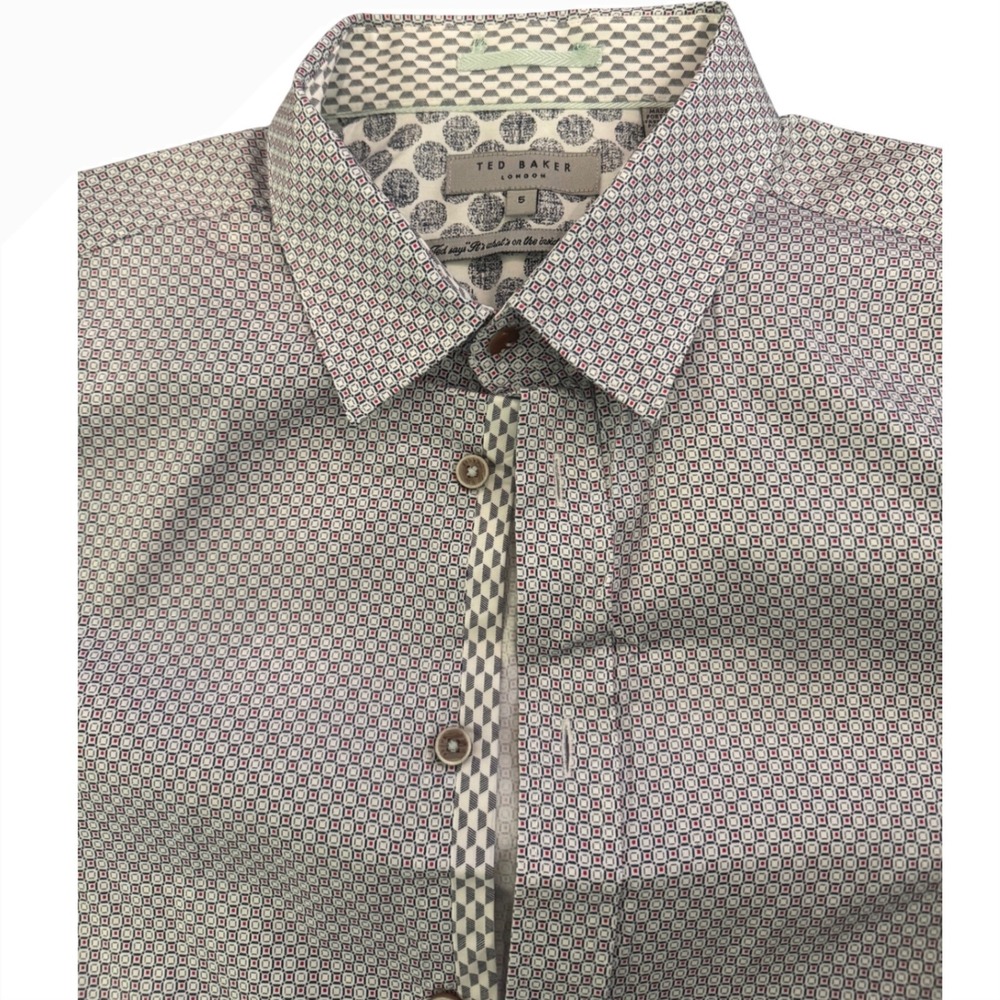 Ted Baker Button Up Men Size 5 XL White Geometric Print Short Sleeve Shirt